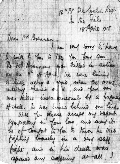 Letter notifying Harry's death - page 1