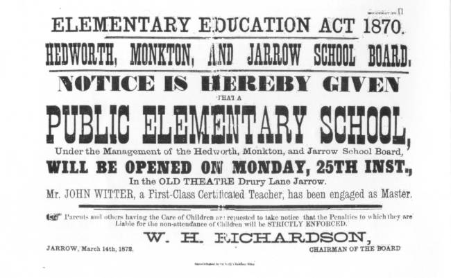 poster announcing opening of a Board School in Drury Lane, Jarrow in March 1872