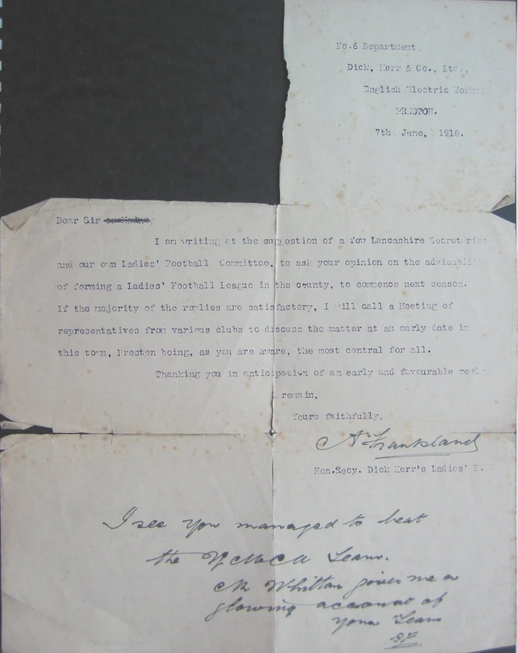 letter from Alfred Frankland to Whitehaven FC